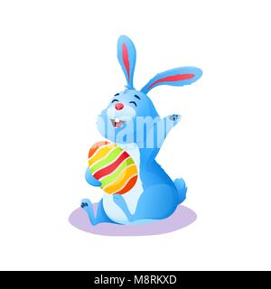 Cute smiling cartoon Easter rabbit sitting with paschal painted chocolate egg isolated on white background. Flat happy easter Bunny. Decoration for holiday greeting card. Colorful vector illustration. Stock Vector