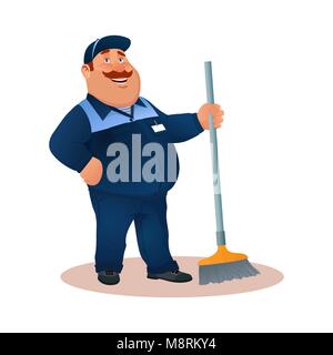 Smiling cartoon janitor with mop. Funny fat character in blue suit with broom. Happy flat cleaner in uniform from janitorial service or office cleaning. Colorful vector illustration. Stock Vector