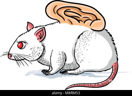 Vector illustration of white mouse with a human ear grafted in its body. It refers to ethical and moral  issues about animal testing in laboratories. Stock Vector