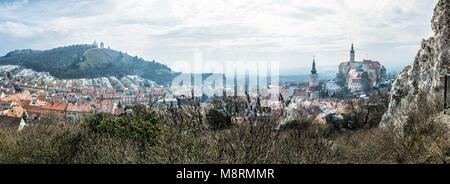 Panoramic photo of Mikulov with castle, holy hill and old town centre. Czech republic. Travel destination. Beautiful place. Stock Photo