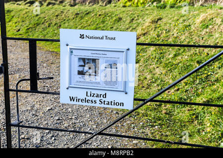 A National Trust sign on a gate outside the Lloyd's Signal Station on the Lizard Peninsula, Cornwall, South West England, UK Stock Photo