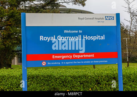 A sign for The Royal Cornwall Hospital, also known as Treliske Hospital,  a medium-sized teaching hospital in Treliske, Truro, Cornwall, England, UK Stock Photo