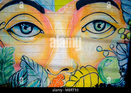 Colorful graffiti of a female face at a wall Stock Photo
