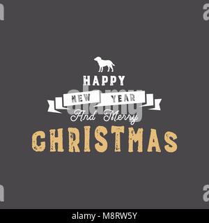 Merry Christmas typography quote, wishe. Ribbon the symbol of new year - dog and xmas noel elements, icons. New Year lettering, sayings, vintage labels. Seasonal greetings calligraphy. Stock vector Stock Vector