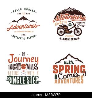 Vintage adventure tee shirts designs, summer logo set. Hand drawn travel labels. Mountain explorer, wanderlust, expedition emblems. Summer logo Isolated on white background. Stock Vector illustration Stock Vector