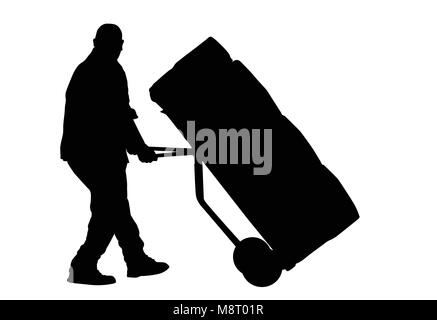 Delivery man silhouette carrying boxes with a trolley on white background, vector illustration Stock Vector