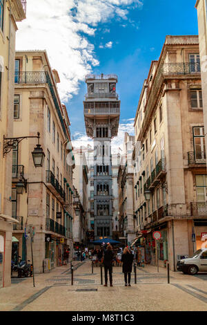 The Elevador de Santa Justa is a 19th century lift that transports passengers up the steep hill from the Baixa district. Stock Photo