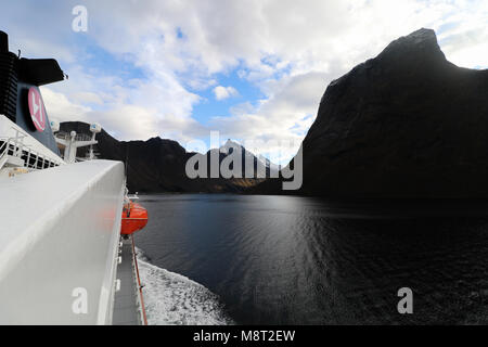 HJORUNDFJORDEN,NORWAY - OCTOBER 24th,2017: The Hurtigruten-ship 'Ms Polarlys in the beautiful Hjorundfjorden fjord in More and Romsdal county, Norway. Stock Photo