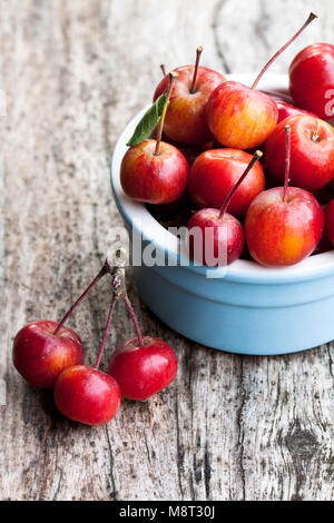 Fresh  wild apples in ceramic bowl on wooden table Stock Photo