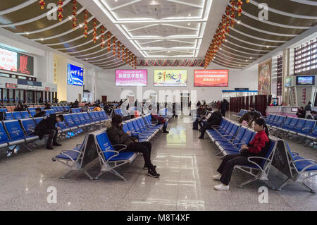 YANJIXI, JILIN, CHINA - March 8, 2018: Inside the railway station of high-speed train CRH class D in Hunchun. Stock Photo