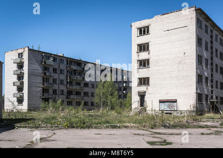 Runed post apocalyptic soviet apartment blocks in Skrunda, Latvia Stock Photo