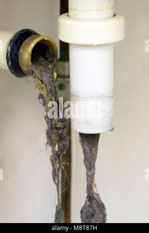 Clogged sink pipe. Unclog a drain from hairs and other stuff. Vertical image. Stock Photo