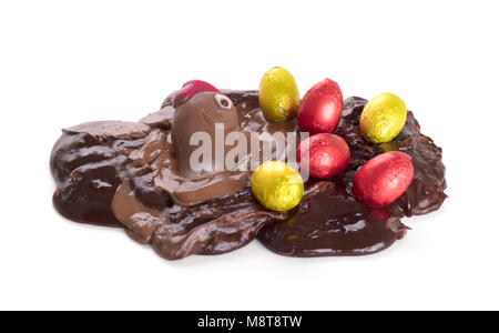 Melting chocolate easter chicken - Isolated on white background Stock Photo