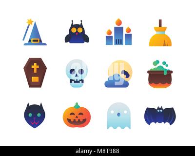 Halloween - set of flat design style icons isolated on white background. High quality collection of witches hat, owl, candle, broom, bat, cat, pumpkin Stock Vector