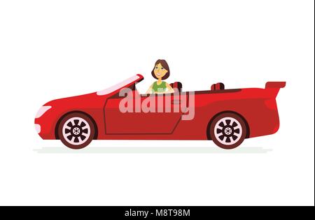 Young woman driving a car - cartoon people character isolated illustration on white background. An image of a happy smiling person driving a red open- Stock Vector