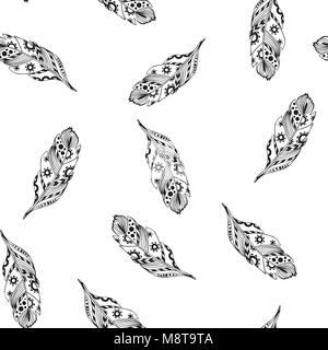 Seamless background vintage carved feathers. Pattern. White feathers on a colored background Stock Vector