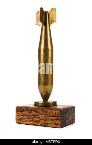 Brass replica of a WW2 'Tallboy' bomb with the inscription underneath 'Tallboy bomb dropped 1944 on Tirpitz by an RAF Lancaster bomber' Stock Photo