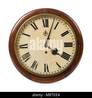 WW2 British RAF Station wall clock (47cm diameter) with brass Elliot movement and RAF crest on the circular white dial. Stock Photo