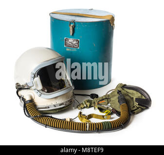 Russian high-altitude helmet (model 111-4MC) and accessories from 1973 used by the East-German Air Force in a Mikoyan Gurevich MIG 23 Flogger Stock Photo