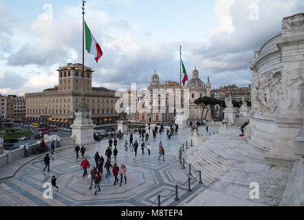 View of the Piazza Venezia from the Altare della Patria - the Monumento Nazionale a Vittorio Emanuele II, Statue, Flag and Monument, Rome, Italy Stock Photo