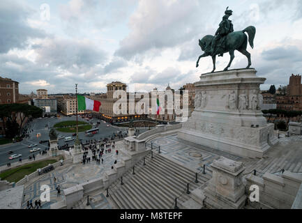 View of the Piazza Venezia from the Altare della Patria - the Monumento Nazionale a Vittorio Emanuele II, Statue, Flag and Monument, Rome, Italy Stock Photo