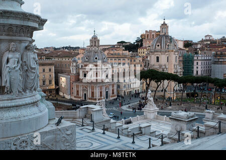 View of the Piazza Venezia from the Altare della Patria - the Monumento Nazionale a Vittorio Emanuele II, Statue, Flag and Monument, Rome, Italy Stock Photo