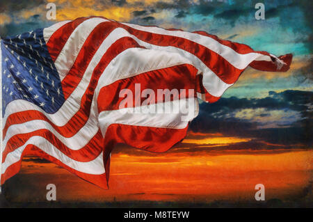 American flag flying, flag USA over beautiful Sunset sunrise with clouds, in sky sunrise clouds Stock Photo
