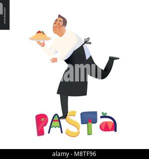 Italian restaurant set - a running waiter wearing the uniform holding a dish of pasta with red bolognese sauce and lettering Pasta, cartoon character Stock Vector