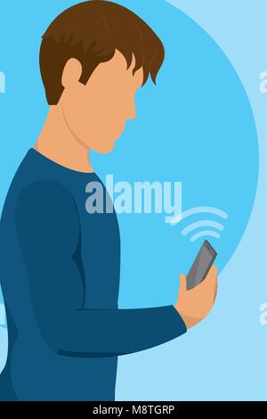 Young man with smartphone on internet wifi signal Stock Vector