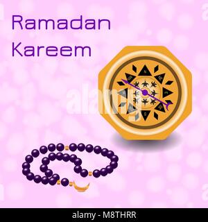 Ramadan Kareem. Concept of a Islamic holiday. Chaplet from 33 beads and compass. On a pink background with blur Stock Vector