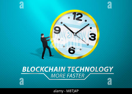 Attractive asian businessman pushing the clock with digital background. Blockchain Technology Concept Stock Photo