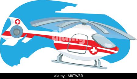 a vector cartoon representing a medical helicopter flying in the sky to rescue someone in need Stock Vector