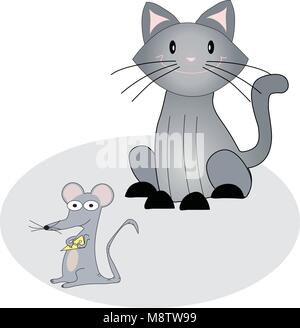 Illustrated cartoon cat and mouse holding wedge of cheese on grey rug on white with copy space. Stock Vector