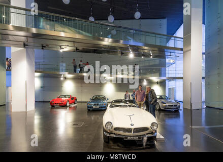 Interior of BMW museum. The BMW Museum is located near the Olympiapark in Munich and was established in 1972 shortly before the Summer Olympics. Stock Photo