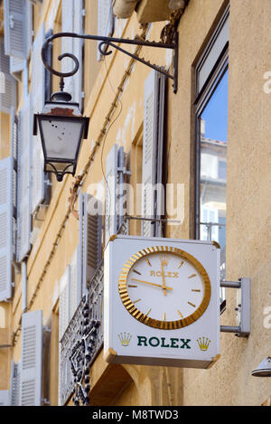 Rolex Shop, Hanging Sign, Street Lamp and Facade in the Old Town, Aix-en-Provence, France Stock Photo