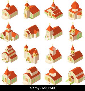 Church building icons set, isometric style Stock Vector