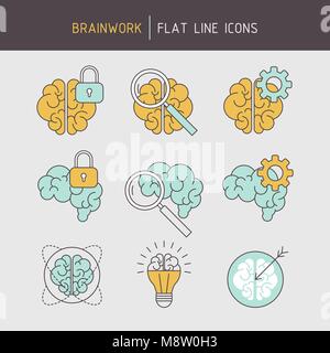 Flat line brainwork icons set Stock Vector