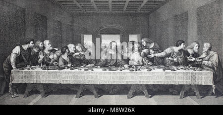 The Last Supper is a late 15th-century mural painting by Leonardo da Vinci housed by the refectory of the Convent of Santa Maria delle Grazie in Milan, digital improved reproduction of an original print from the year 1895 Stock Photo