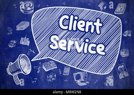 Client Service - Doodle Illustration on Blue Chalkboard. Stock Photo