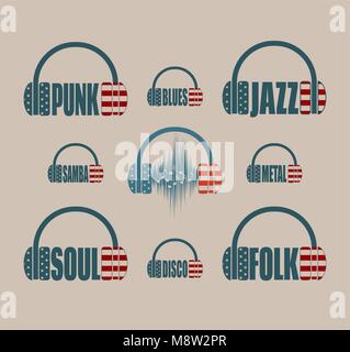 Silhouettes of headphones with text Stock Vector