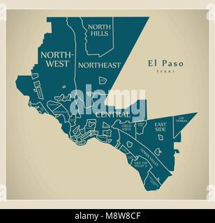 Modern City Map - El Paso Texas city of the USA with neighborhoods and titles Stock Vector