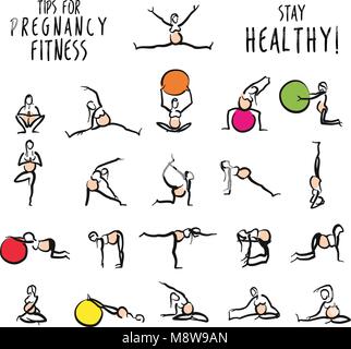 Set of pregnant yoga fitness doodles. Hand-drawn stickman icons for digital marketing and wall-art print. Stock Vector