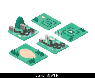 mini forest scene with road and tunnel isometric icons Stock Vector