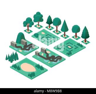 mini forest scene with road and tunnel isometric icons Stock Vector