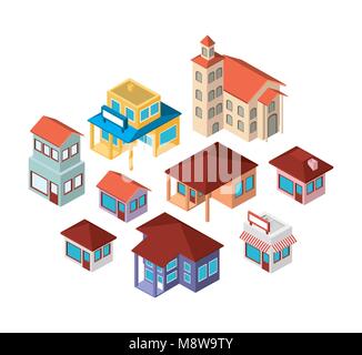 mini set buildings isometric icons Stock Vector