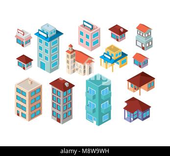 mini set buildings isometric icons Stock Vector