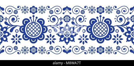 Scandinavian folk art retro vector long pattern, floral ornament in navy blue - seamless stripe stripe Stock Vector