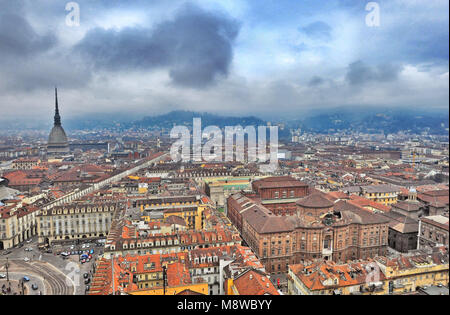 Aerial drone view of the city downtown under cloudy sky Turin Italy circa March 2016 Stock Photo