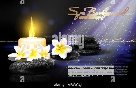 Still life with Spring blossom with white candle and black stones on dark background. Vector spa advertising template for poster, flyer, booklet etc. Stock Vector