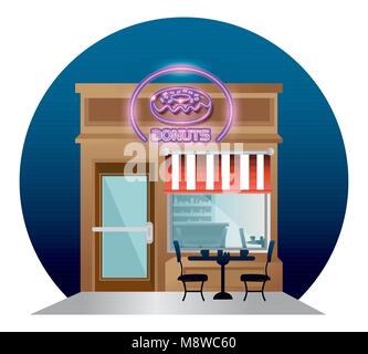 donuts restaurant building facade with neon label Stock Vector